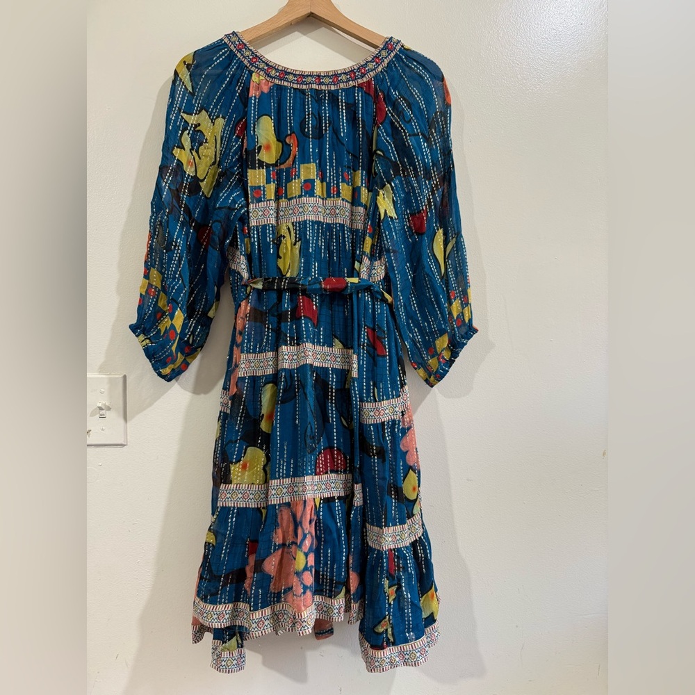 verb Teal Floral Pleated Mini Dress with Tie Waist - Picture 5 of 7